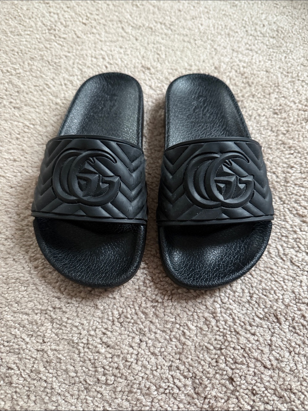 Gucci Black Embossed GG Slide Sandals- inspired by GG. Adorable slides!